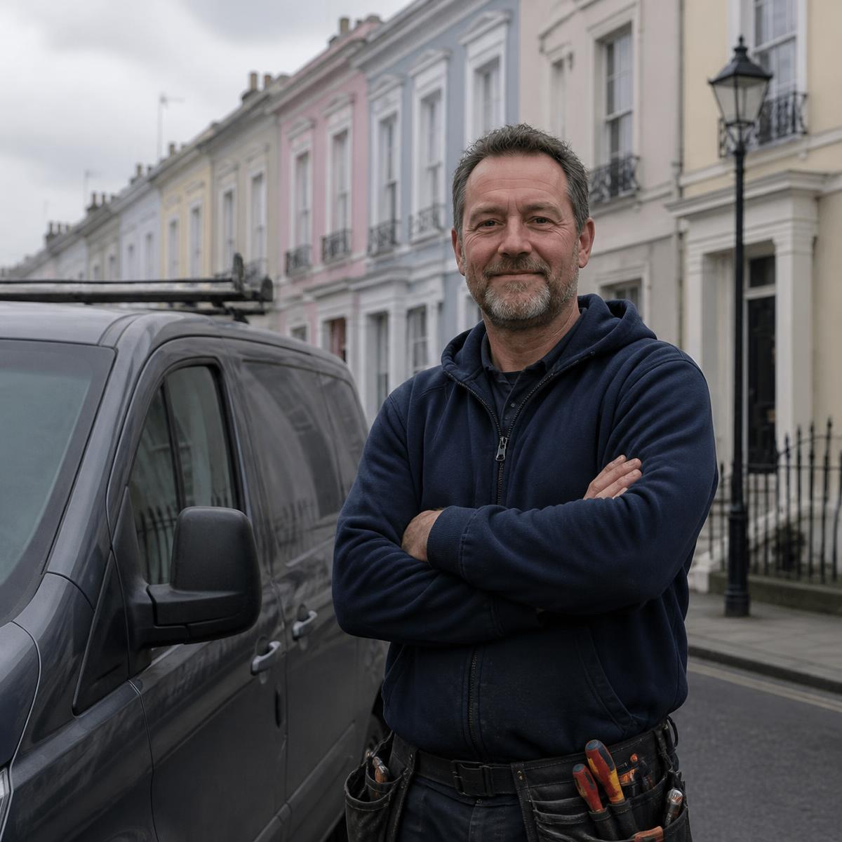 Voy Electrical's electrician beside the works van on a Bristol street