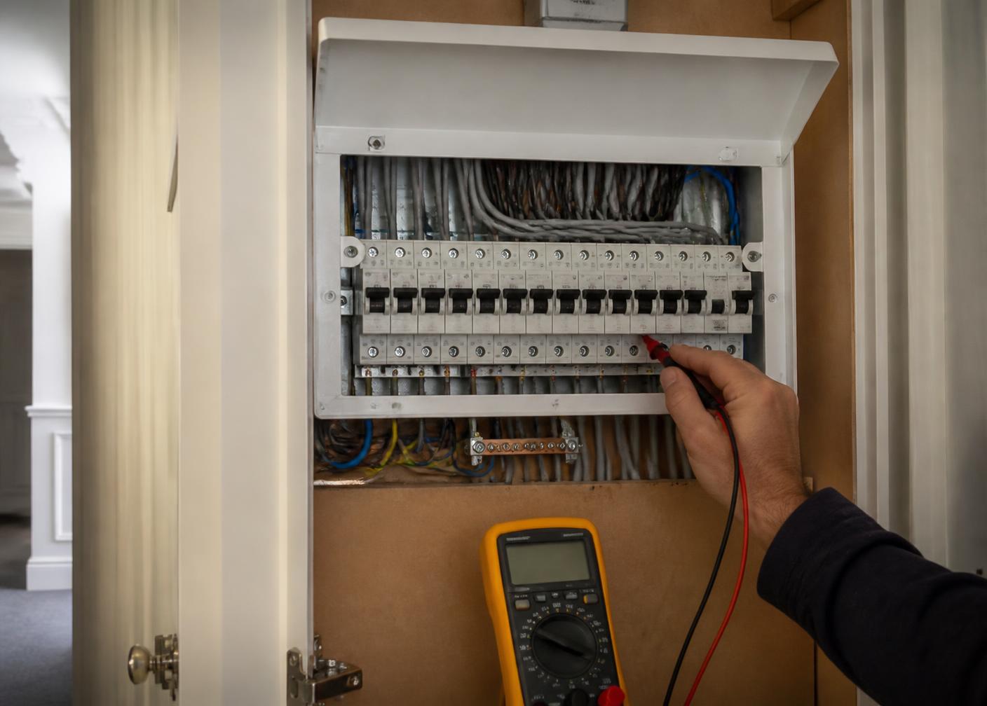 Electrician testing circuits at a newly installed consumer unit