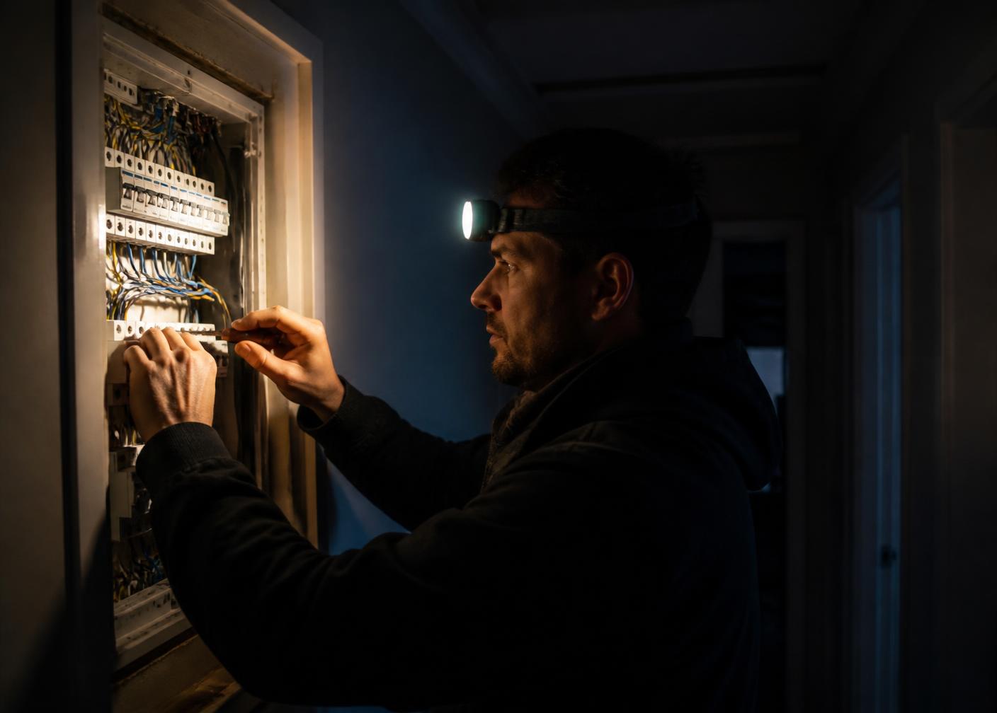 Electrician working at a fuse board by head torch at night