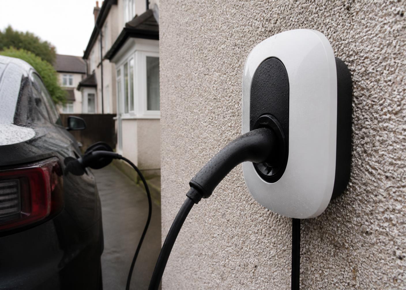 White EV charge point mounted on a pebbledash house wall in the rain