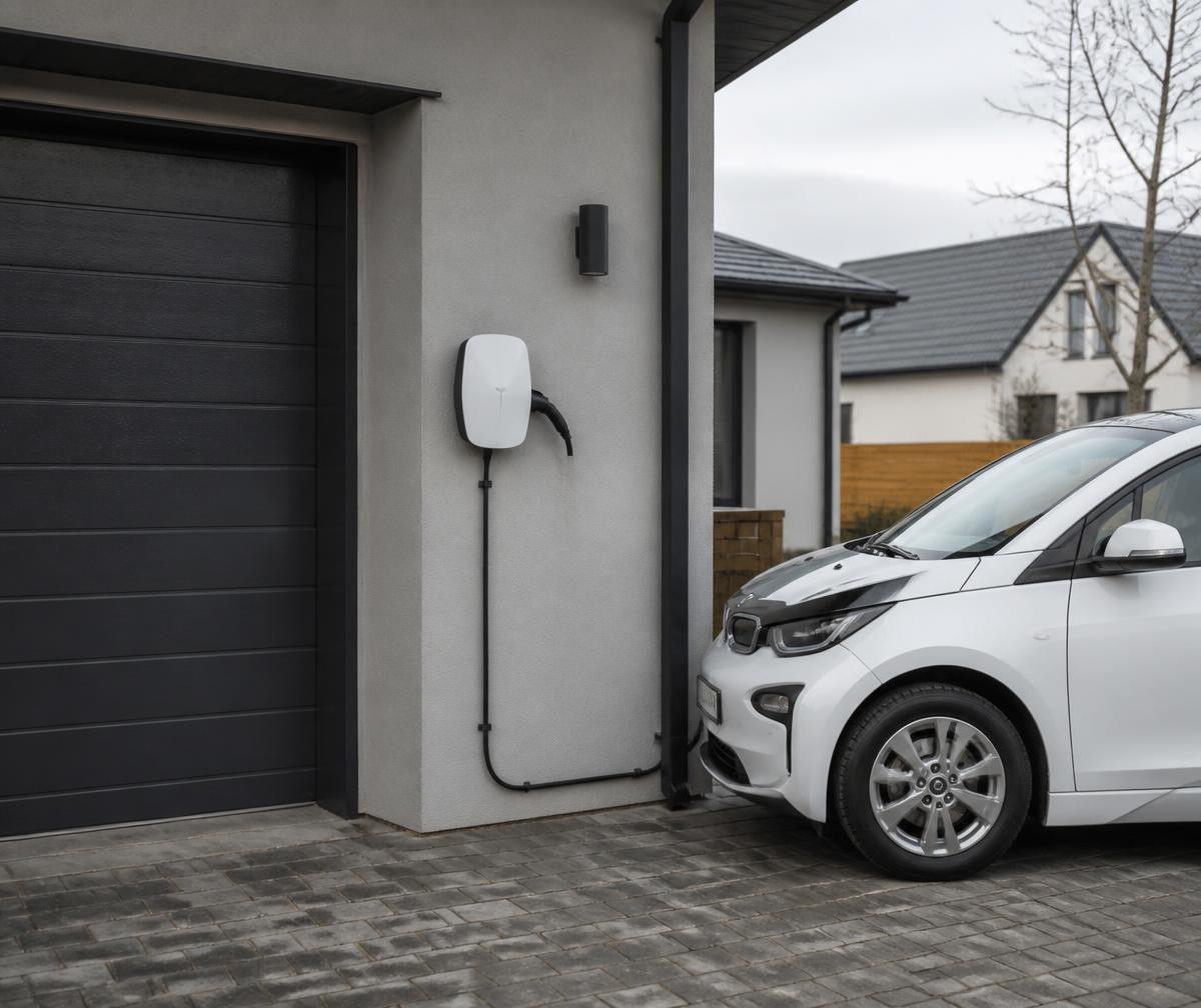 White EV charger on the rendered wall of a new-build garage