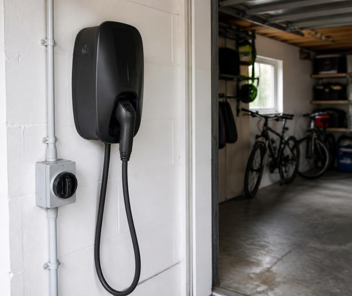Black EV charge point inside a domestic garage next to an isolator