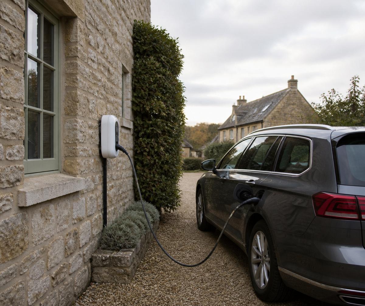 EV charger on the stone wall of a period cottage with an estate car charging