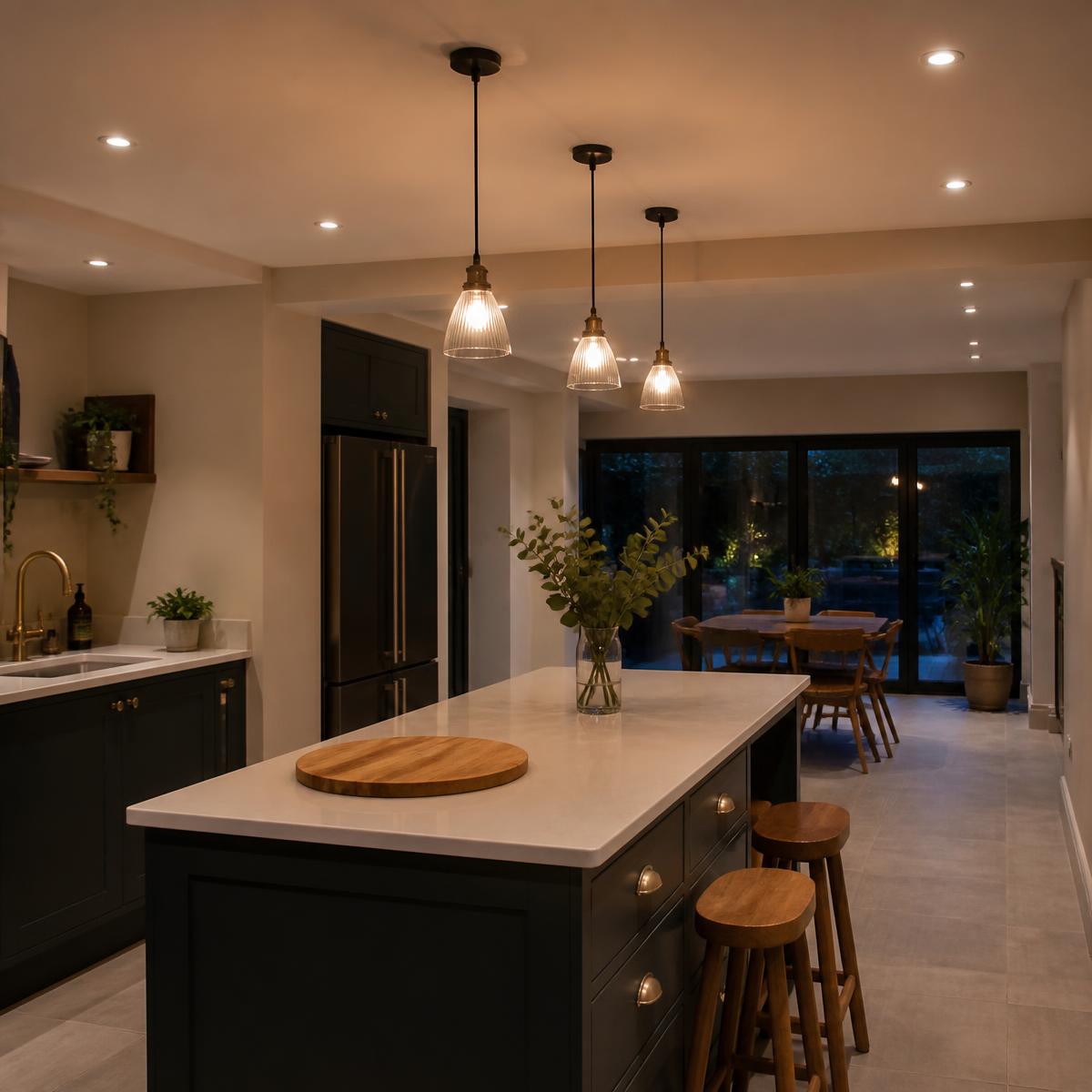 Warm downlights and pendants in a renovated kitchen extension